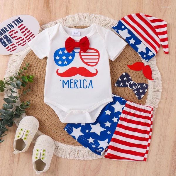 Kleidungssets 4. Juli Baby Boys Outfits Buchbrille Drucken Bogen Kurzarm Rompers Stripe Stars Shorts Hut 3pcs Kleidung Set