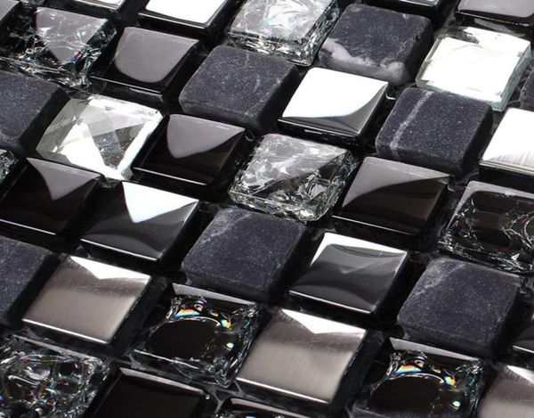 Siyah Kristal Cam Taş Mozaik Mutfak Backsplash Fayans SGMT165 Gümüş Elmas Cam Duş Duvarı Banyosu4797403