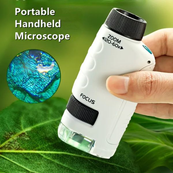 Pocket Microscope Kids Science Kit: 60-120x Bildungsmini Handheld-Mikroskop mit LED-Licht für Outdoor-Stammlernen