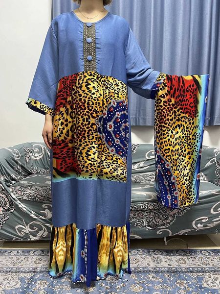 Ethnische Kleidung 2023 New Africa Women Dashiki Demin Stoffkleid mit Schals Maxi Lady Robe Loose Long Slve Kaftan Vestidos Islamische Kleidung T240510