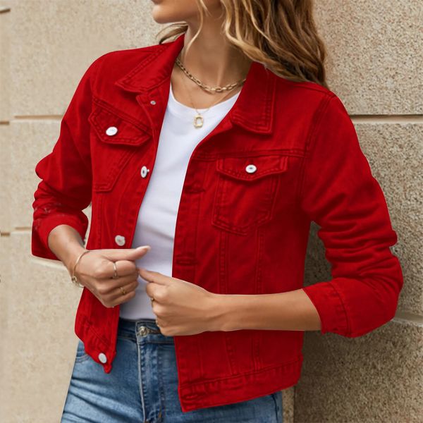Giacca per cappotto in denim femminile rosso abbottimento in cotone con doppia tasca con tasca con tasca