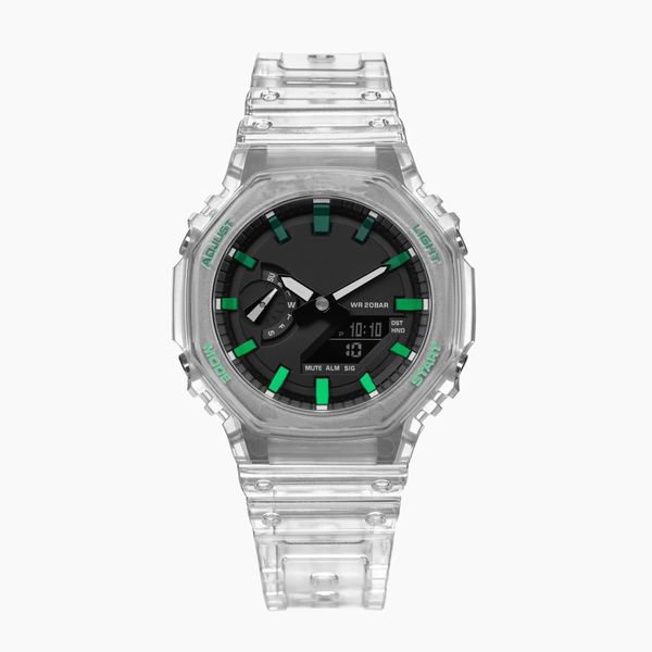 Herren Sport Quartz Watch 2100 Watch transparent Green Vollfunktion Weltzeit LED LOGS DIAL GA OAK -Serie