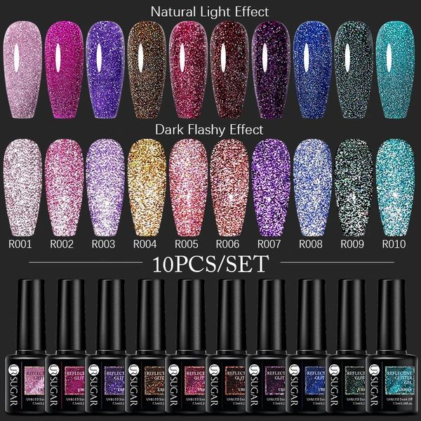 Ur açúcar 10pcs série reflexiva em gel de unha conjunto de polonês fluorescente luminoso semi permanente em gel LED de manicure artes de unhas 240510