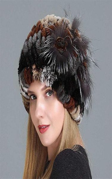 Mulheres russas Winter Real Rex Rabbit Fur Hats Floral quente Caps naturais Top de malha com chapéu 2111261880953