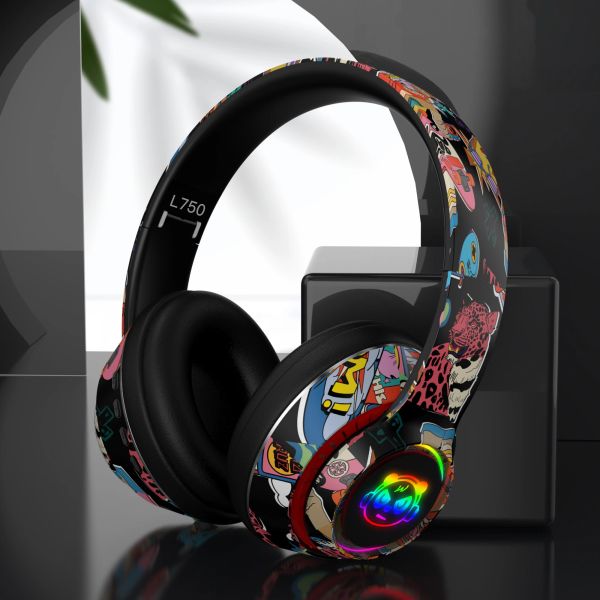 Fones de ouvido fone de ouvido Bluetooth 5.1 Wireless Gamer Graffiti Headphones com Mic RGB LED LIGH