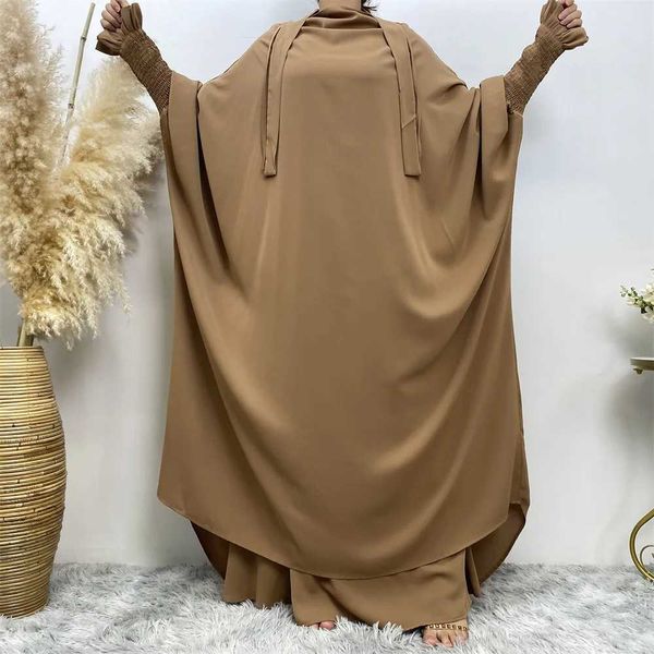 Ethnische Kleidung muslimische Frauen Mode-Set zweiköpfige Robe Long Slve Islamic Clothing Dubai Saudi Turkey Solid Color Elegantes Kleid T240510