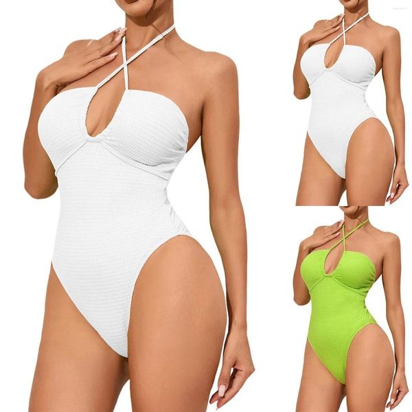 Kadın Mayo Kadınlar Düz Renk Seksi Mayo Takımları Çılgınlık Strappy Halter Hollow Out One Piece Mayo Push Up Sıkı Toplandı