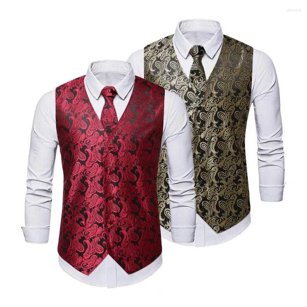 Herrenwesten 3pcs/Set Männer Spring Weste Set Cashew Nut Print V-Neck Single Breauzed Business Bindung Kerchief