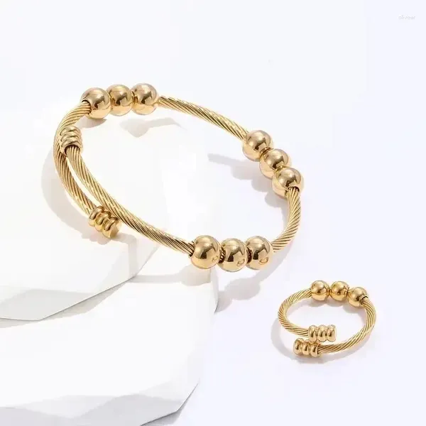 Armreifen 2 PCs Gold Farbe Slidable Metallperlen Open Bangel Ring Set Twisted Messing mit niedlicher CCB Ins Armband Frauen Schmuck