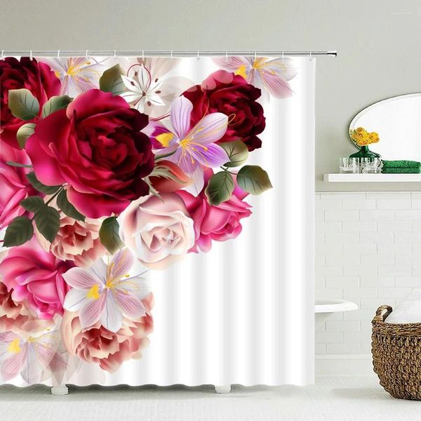 Cortinas de chuveiro 3d lindas flores cortinas banheiro poliéster folhas de folha de tecido à prova d'água decoração com gancho