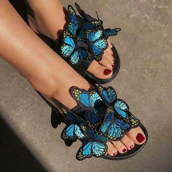 Slippers feminino escorregando deslizantes Sandals planas de borboleta Ladies Summer Mules Sapatos