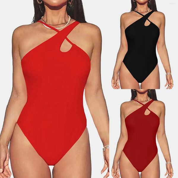 Menas de banho feminina Crisscross halter pescoço sexy maiô de uma peça de praia use verão cor de cor sólida cortada sem costas trajes de banho assimétricos