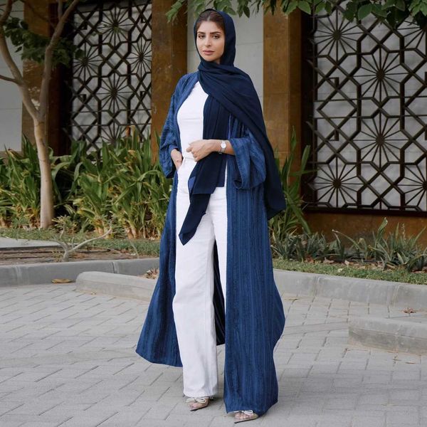 Ethnische Kleidung neuer Kimono Abaya Dubai Streifen mit Strickjacken Strickwäsche Corban Ramadan Eid Al Adha Loose Marokcan Golf Frauen Chiffon Roben T240510