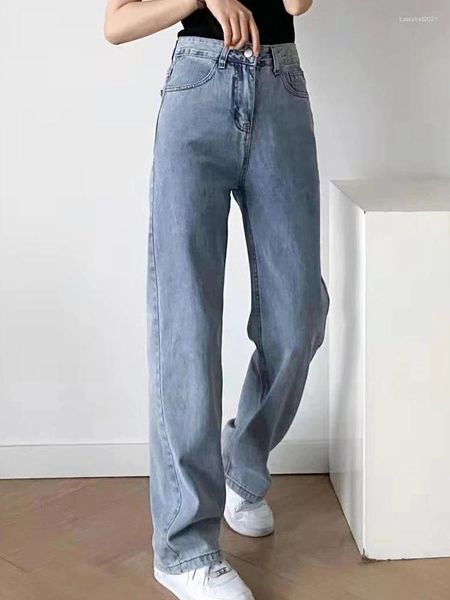 Jeans femminile evfer primaverilo di moda birring due grandi tasche dritte long chic lady casual zipper high waist pantaloni blu
