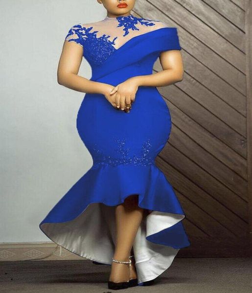 Elegante Royal Blue Mermaid Prom Kleider hochkarätiger Sonderanschläge Kleidungskappe hohe Nackenabendkleider Kurzfront 2022 R3601648