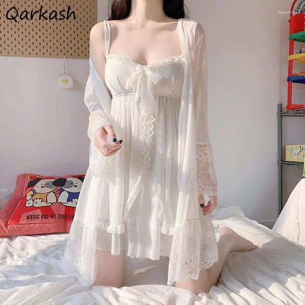 Vestido de vestes de roupas casas se conjunta mulher arco arco branco manga longa doce sexy garotas princesa cor de renda de renda sólida fada spaghetti strap elegante