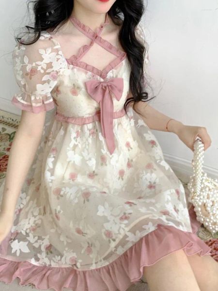 Partykleider Blumen Kawaii Lolita Mini Kleid Frauen drucken koreanische Stil süße süße Märchen japanische lässige Elegante Sommer 2024