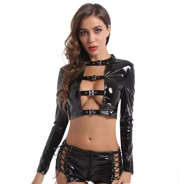 Mulheres Sexy WetLook lingerie brilhante Conjunto de látex brilhante Erótico abaixo da abertura Curch couro de peito pornô de peito exposto de gato exposto