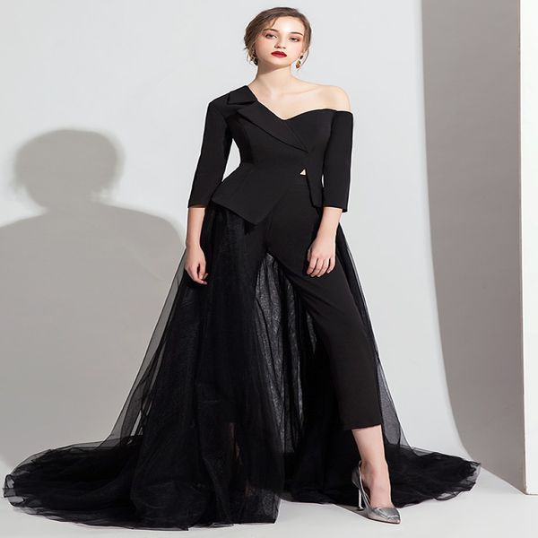 Elegante Abendkleider langer schwarzer weißer Jumpsuit Langer Hosen und Langschläfe formelle Kleid gegen Nacken -Overalls Dubai Prom Kleid 321f