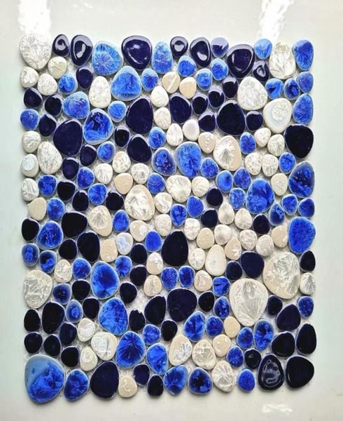 Marine Blue White Pebble Porzellan Mosaik Küchenbacksplash Fliesen PPMTS09 Keramik Badezimmer Wandfliesen1194229