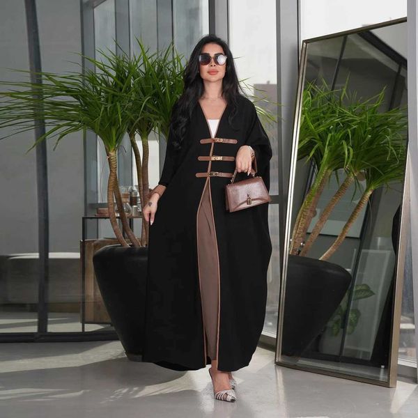 Ethnische Kleidung 2024 Neue Dubai Mode bescheidene solide offene Kimono Abayas Lederschnalle Langes Slve Kontrastfarbe Ramadan Muslim Frauen Robe T240510