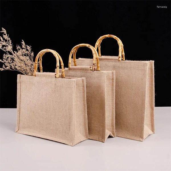 Sacos de compras Bolsa de sonda portátil Bolsa de juta Bamboo lida com Tote Retro DIY Mulheres de grande capacidade Beach