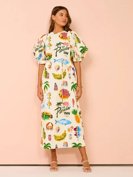 Повседневные платья на Гавайи праздничные пляжные кокосовые деревья Печать длинное платье с коротким рукавом стволы Империя Талия Свободное винтажное ретро -лето