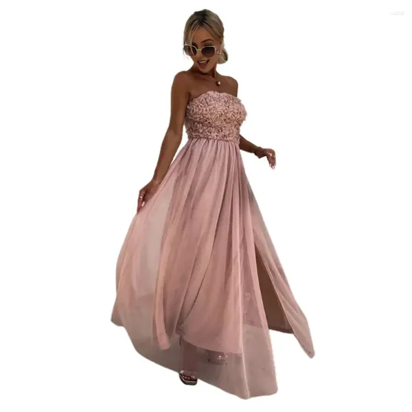 Lässige Kleider Frauen Kleid von Schulter Bandeau geteiltes doppelschichtiger Applikat plissierter Heizhüftelhülsen-Spitzen-Prom-Ballkleid mit hoher Taille