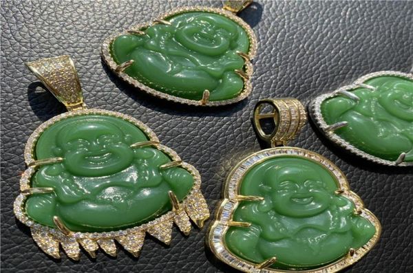 Хип -хоп -заклеженная цепь смех Будда зеленый нефрит ожерелье Золотое серебристое серебристое серебро