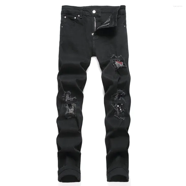 Herren Jeans Männer Kristall Nieten Stretch Denim Punk -Flecken Löcher zerrissene Hose schwarze schlanke gerade Hose