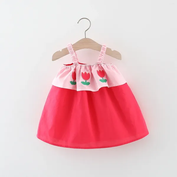 Vestidos de menina vestido bebê vestido de verão garotas de desenho animado tulipa bordado bordado bordado borda colorida tira suspensa infantil