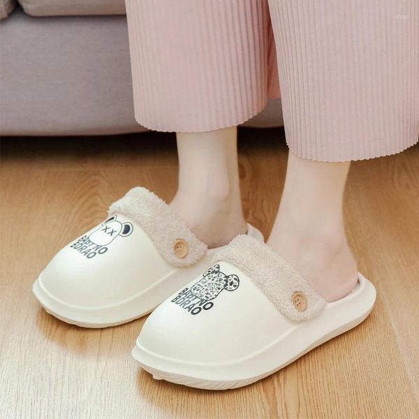 Hausschuhe Winter warm warmes weiches Plüsch -Indoor -Paar Frauen Antislip -Plattform Leder wasserdichte Heimschuhe Boden Damen Baumwolle Slipper