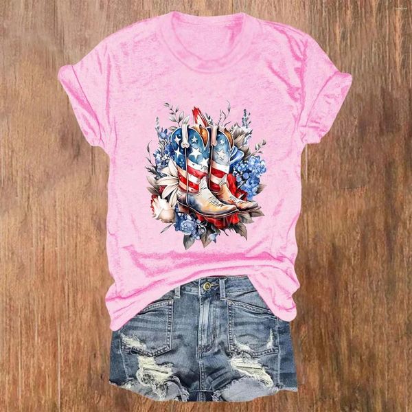 Damen T -Shirts Independence Day Happy 4. Juli Weingläser USA Flagge Print Casual Crew Hals