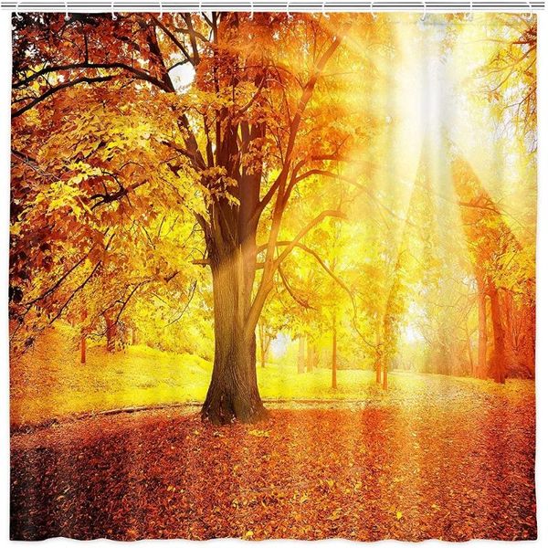 Душевые занавески Осенний занавес в ванной комнате лесной солнце из золотисто -желтого водонепроницаемой полиэфирной ткань
