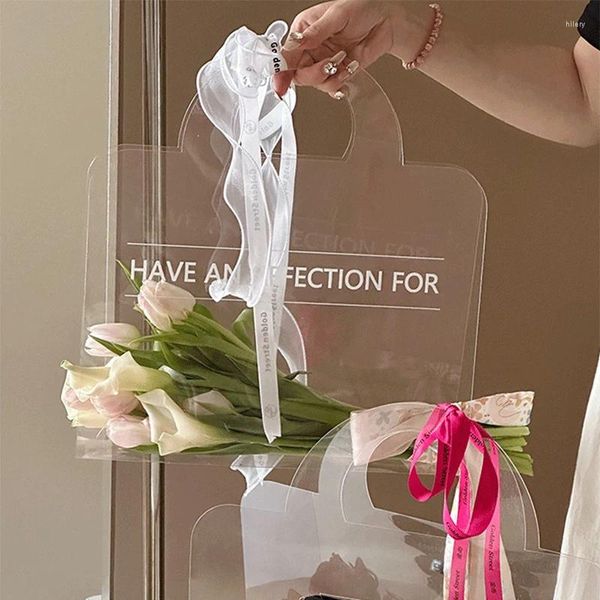 Bolsas de embalagem de flores de embalagem de embalagem de presentes sem fitas Bolsa de embalagem de rosa de estimação transparente com manuseio sacolas de festas de aniversário de casamento