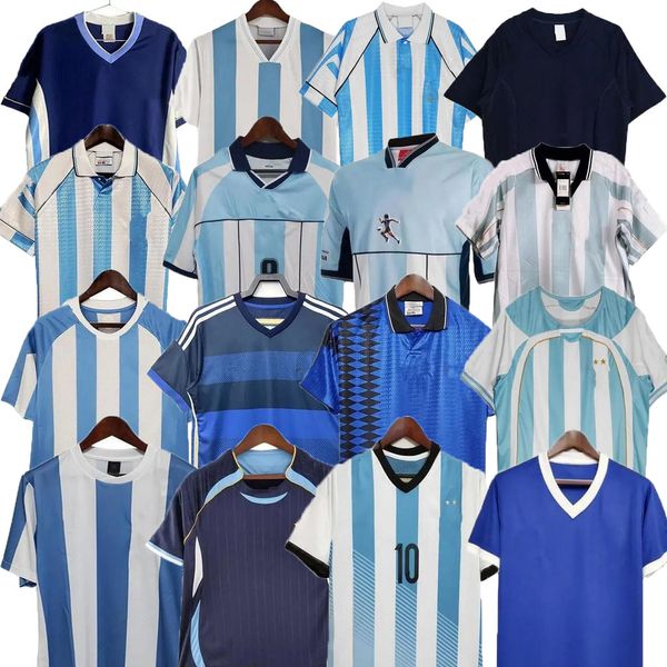 1978 1986 1996 94 98 Argentinien Retro Fußballtrikot Maradona 2001 06 10 14 15 Kempes Batistuta Riquelme Higuain Kun Aguero Caniggia Aimar Slewed Football -Hemds kurz