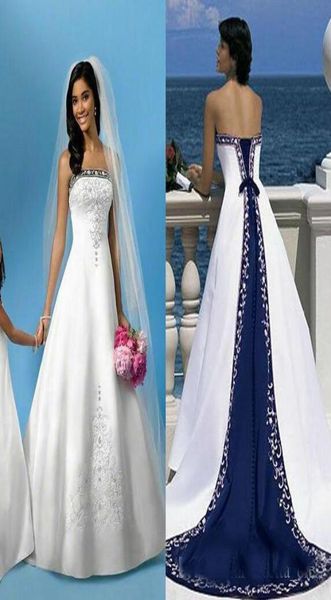 Teste Vintage Uma linha Branco e Royal Blue Cetim Vestidos de noiva Bordado Borno