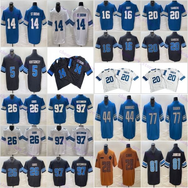 Billig Amon-Ra St. Brown 14 Fußballtrikot Jahmyr Gibbs 26 Barry Sanders 20 Jared Goff 16 David Montgomery 5 97 Blau weiß grau schwarzgengen