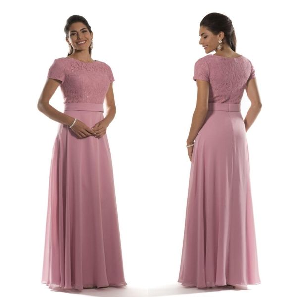 Vestidos de dama de honra modestos rosa empoeirado com mangas curtas corpete de jóias de jóias de chiffon da noite de vestidos de honra