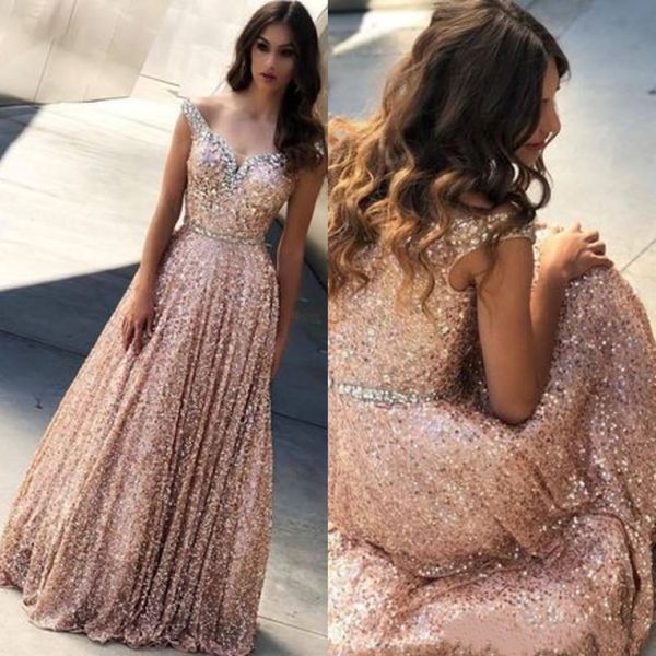 Vestidos de baile de lantejoulas de ouro rosa por muito tempo fora de ombro Uma linha de pedras de miçangas no comprimento do piso