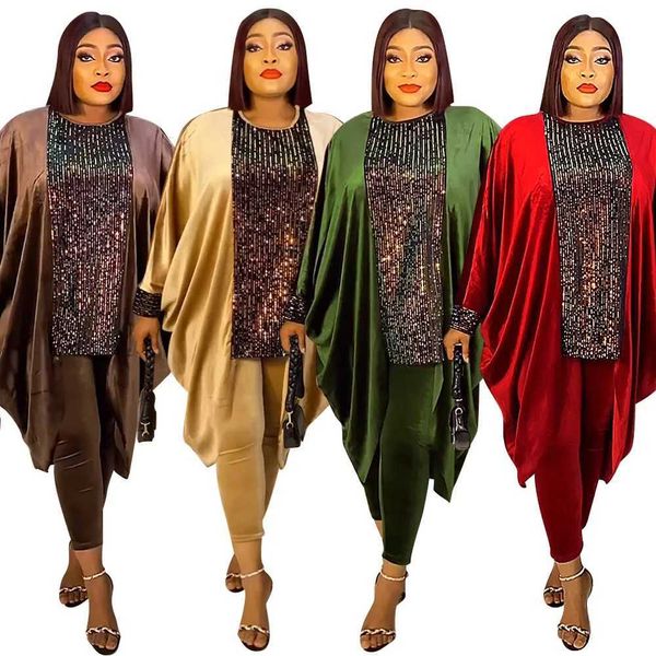 Roupas étnicas Plus Size Size Roupas Africanas Para Mulheres Ancara Dashiki 2 PCs Conjunto de Lantejoulas 2023 Autumn Fashion Velvet Tops Calças Terceras Tercenas T240510