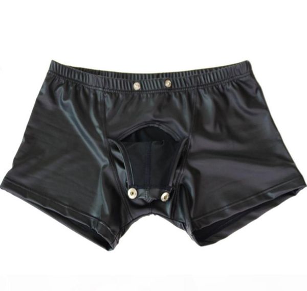 Calcinha sexy gay jockstraps para masculino lingerie shorts de couro faux cuecas botões de prensa de roupas íntimas com bolsa de protuberância aberta2360979