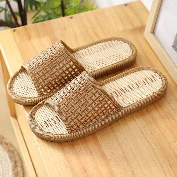 Slippers Man Woman Bamboo tecelando em casa Linen Summer RefrigeLing Slides Indoor Shoes Unissex Quarto Casual Sapatos Mujer Zapatillas