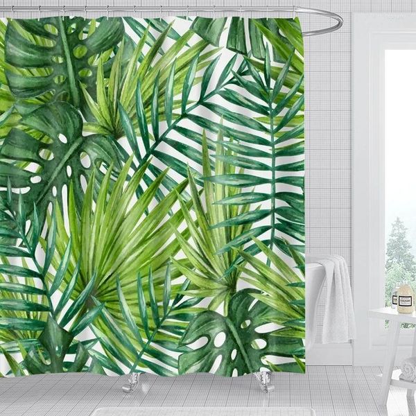 Tende per doccia 1/4pcs Tenda per foglie di palma tropicale set di foglie di foglie con 12 ganci in poliestere stampato in poliestere decorazione