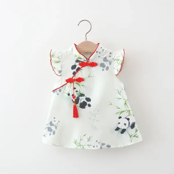 Mädchenkleider Sommermädchen Kleid Baby Cartoon Panda Bambus gedruckt kleine fliegende Ärmel Pan Buckle Quaste Quaste Qipao