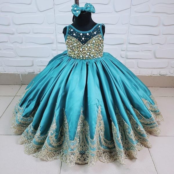 Edel Ballkleid Spitzen Blumenmädchen Kleider für Hochzeits bloßes Schmuck Nacken Perlen Kleinkind Festzug Kleider bodenlange Satin Kids Prom Kleid 281m