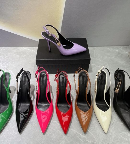 Kadın Moda Tasarımcısı için Sandalet Sandalet Turbası Patent Deri Elbise Ayakkabı 10cm Yüksek Heal Sırt Strap Stiletto Topuk SA9756750