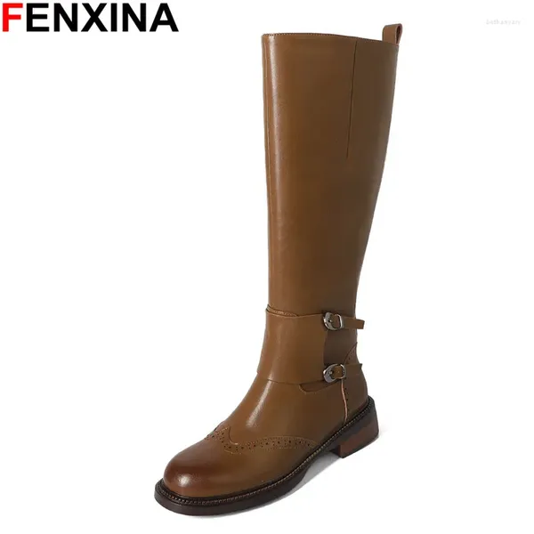 Stivali Fenxina 2024 INS Guida in pelle vera da donna in pelle rotonda marrone ginocchio nero ginocchia con fibbia con cerniera con cerniera