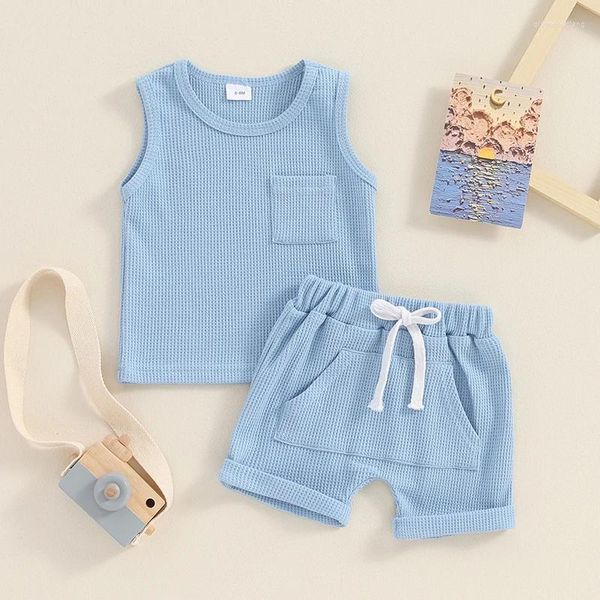 Наборы одежды 0-36 месяцев для мальчиков шорты для мальчиков наборы майки без рукавов с эластичной талией твердое синее бежевое летнее наряд