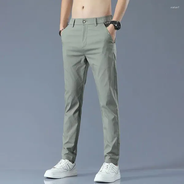 Calça masculina de verão masculino grande tamanho rápido secagem fina slim streetwear moda moda casual roupas coreanas, versátil gelo seda calça reta